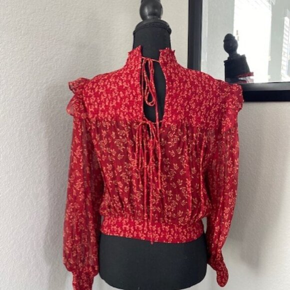 FREE PEOPLE Red Berry Roma Boho Floral Smocked Long Sleeve Blouse XS - Picture 8 of 16